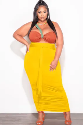 Final Sale Plus Size 2pc One Shoulder Twist Front Crop Top and Ruched Skirt in Yellow Dark Rust and Green Tough Flex
