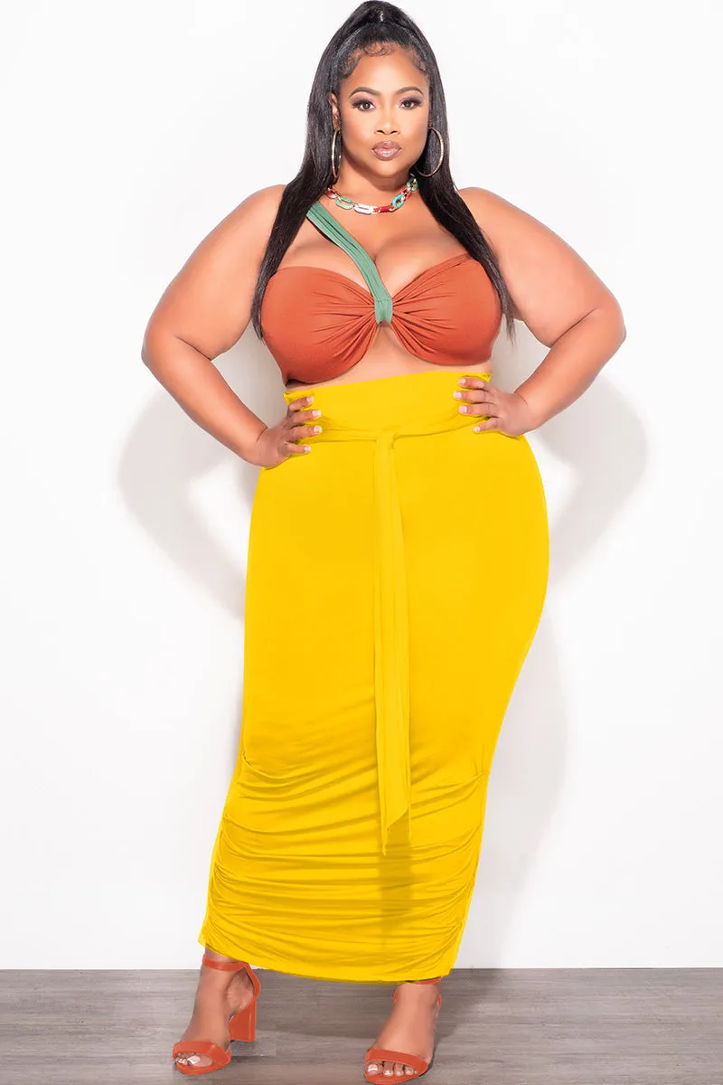 Final Sale Plus Size 2pc One Shoulder Twist Front Crop Top and Ruched Skirt in Yellow Dark Rust and Green No Fuss