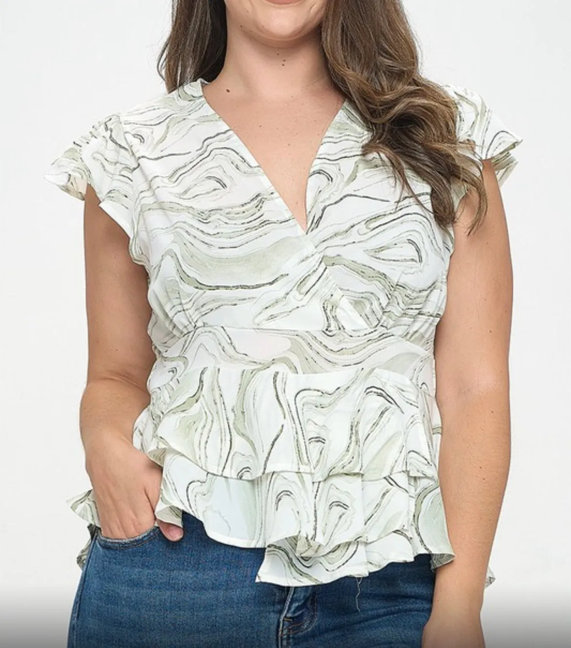 Comfort-First All Day Use Final Sale Plus Size Faux Wrap Peplum Top in Ivory & Mocha or Ivory & Olive  Design Print