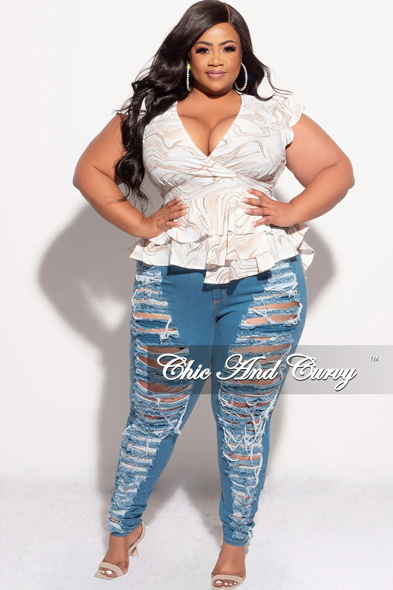 Final Sale Plus Size Faux Wrap Peplum Top in Ivory & Mocha or Ivory & Olive  Design Print TailoredSilhouette