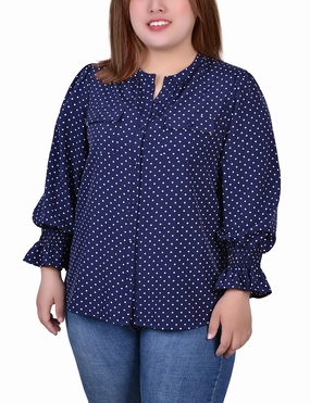 Structured Shoulder Plus Size Long Sleeve Y Neck Blouse