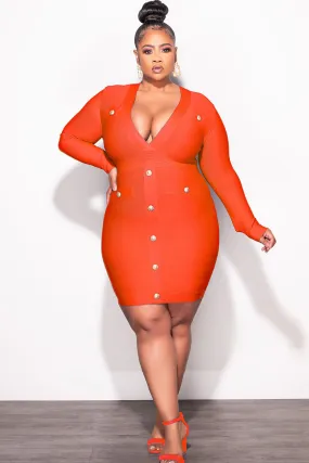 Customizable length Final Sale Plus Size Deep Faux Wrap Long Sleeve Bandage BodyCon Dress with Gold Buttons in Red