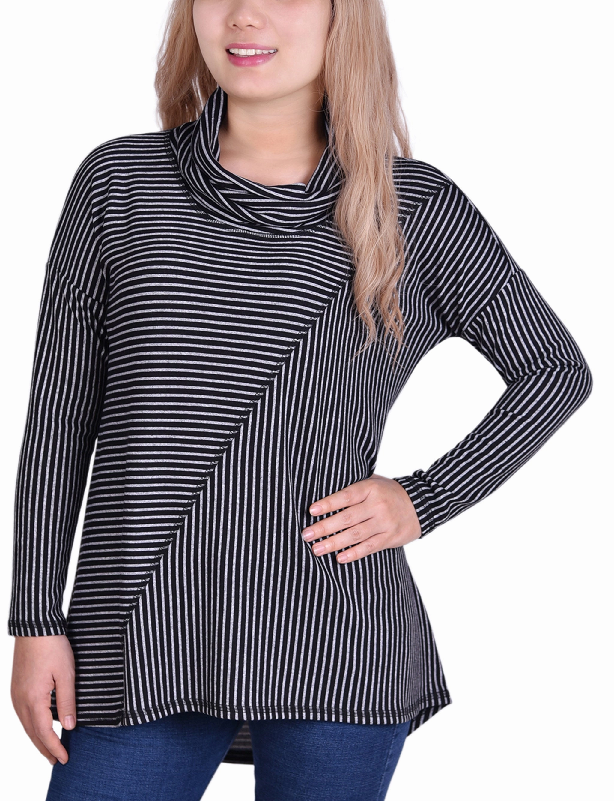 OdorResistant Fabric Long Sleeve Mini Striped Seamed Cowl Neck Top