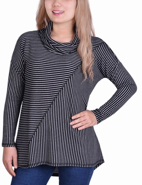 Long Sleeve Mini Striped Seamed Cowl Neck Top NonPill Surface Treatment Hydrophobic Threadwork