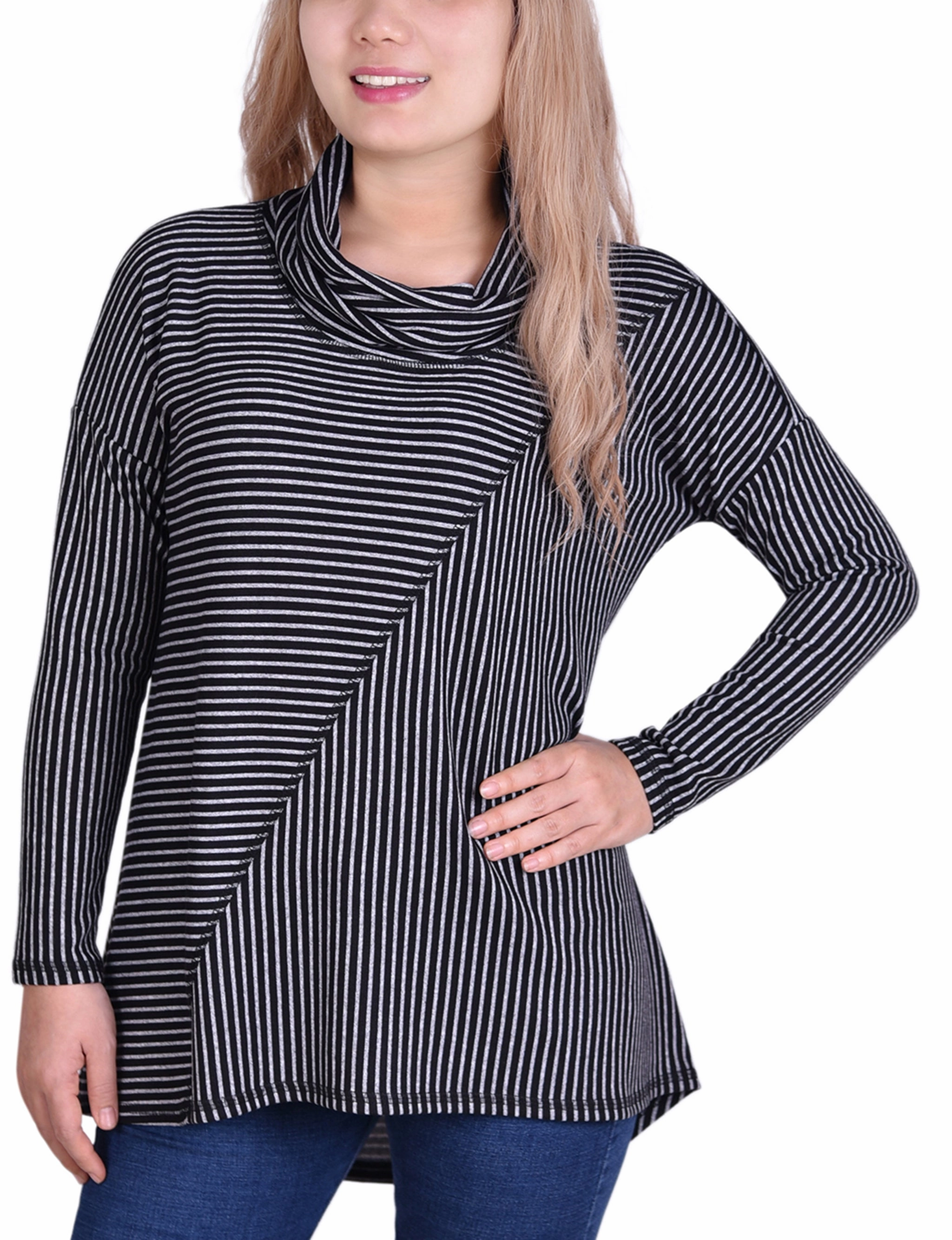 Long Sleeve Mini Striped Seamed Cowl Neck Top NonPill Surface Treatment Hydrophobic Threadwork