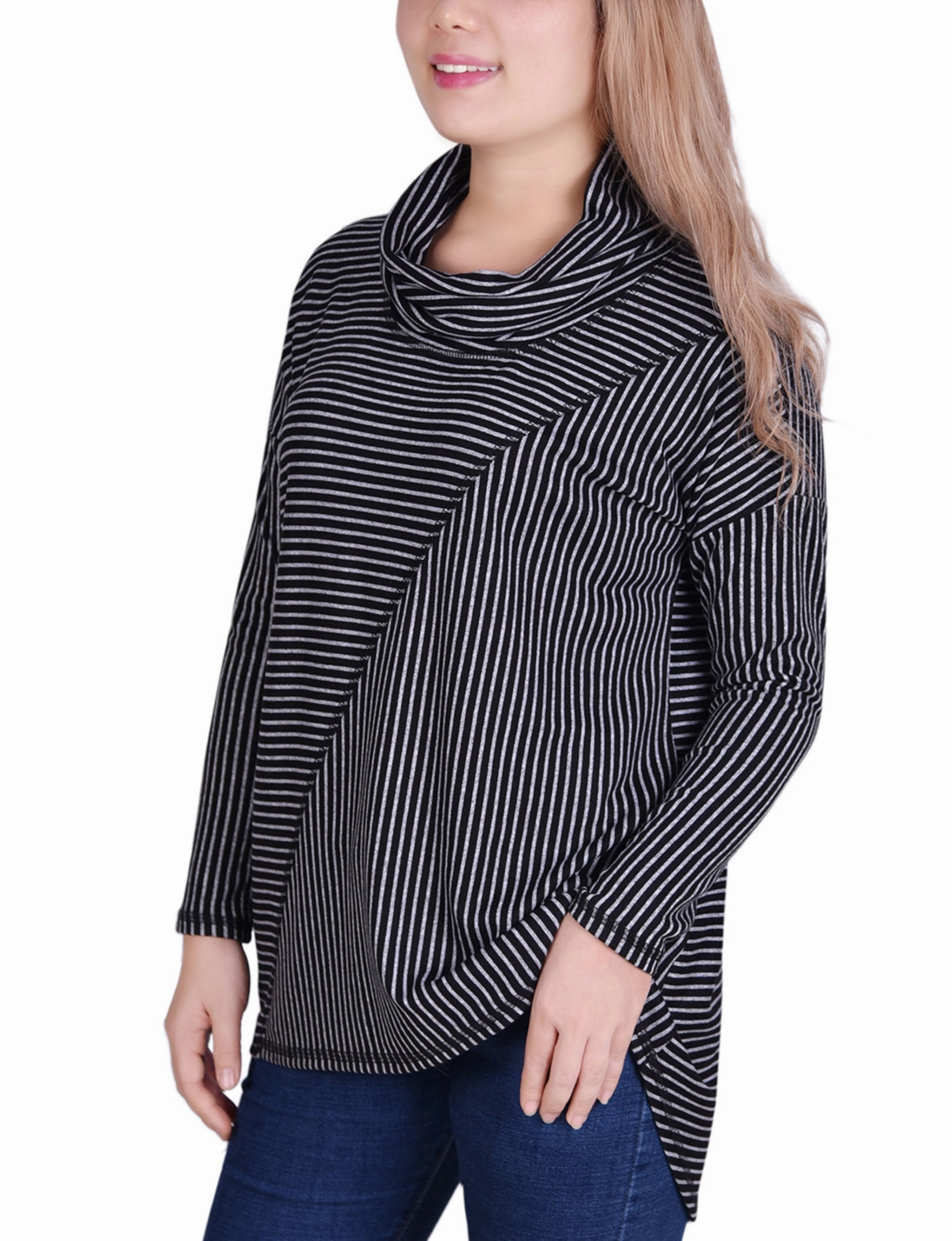 Durable Hem Stitching Stretch Blouse Long Sleeve Mini Striped Seamed Cowl Neck Top