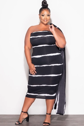 Final Sale Plus Size Ribbed 2pc Set Tube Dress With Duster in Black and Ivory Tie Dye Print AllDayCompression Performance Design Fit
