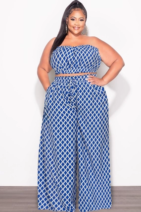 Cool Weather Final Sale Plus Size 2pc Strapless Crop Top and Flare Pants Set In Royal Blue & White Print