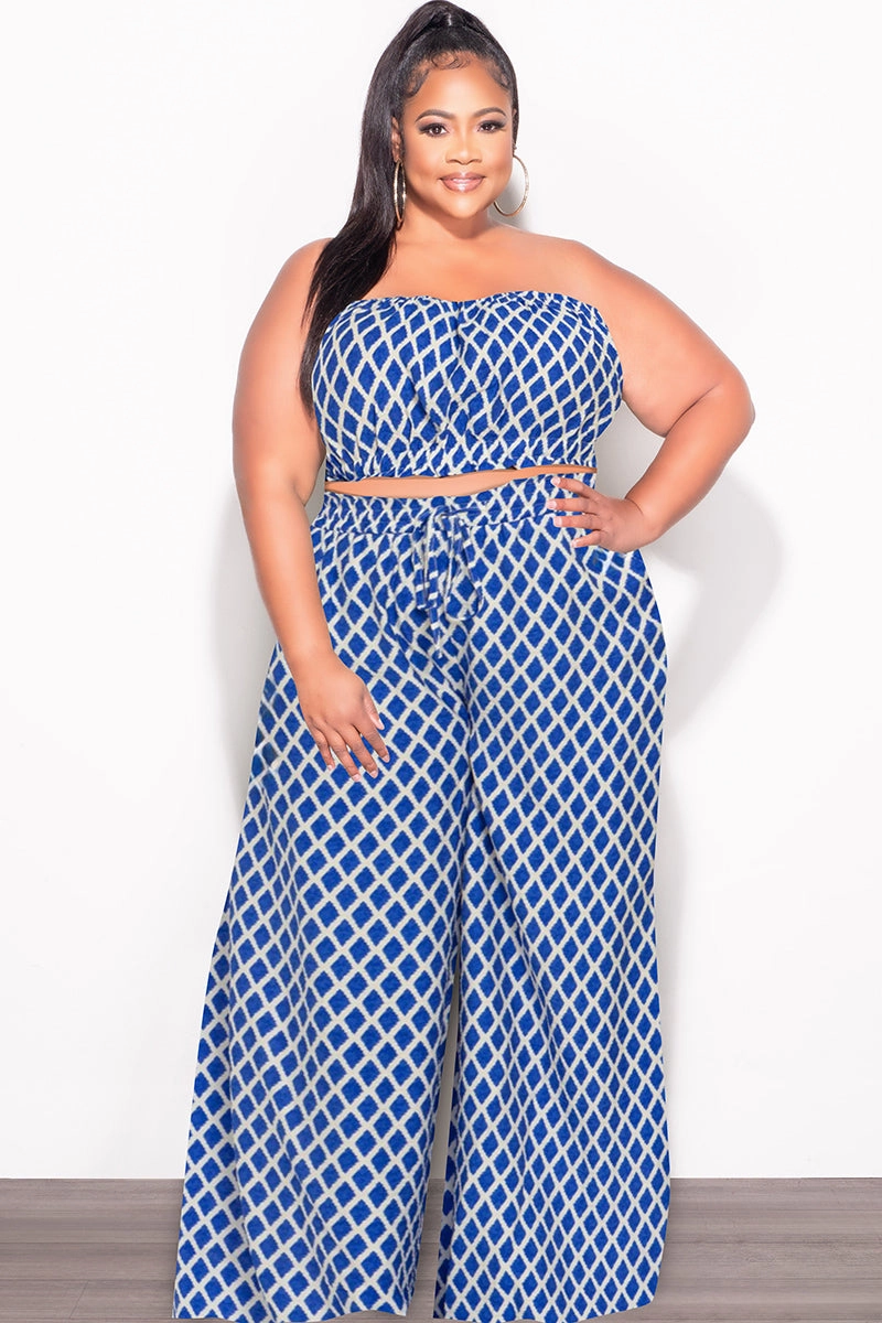 On The Go Final Sale Plus Size 2pc Strapless Crop Top and Flare Pants Set In Royal Blue & White Print