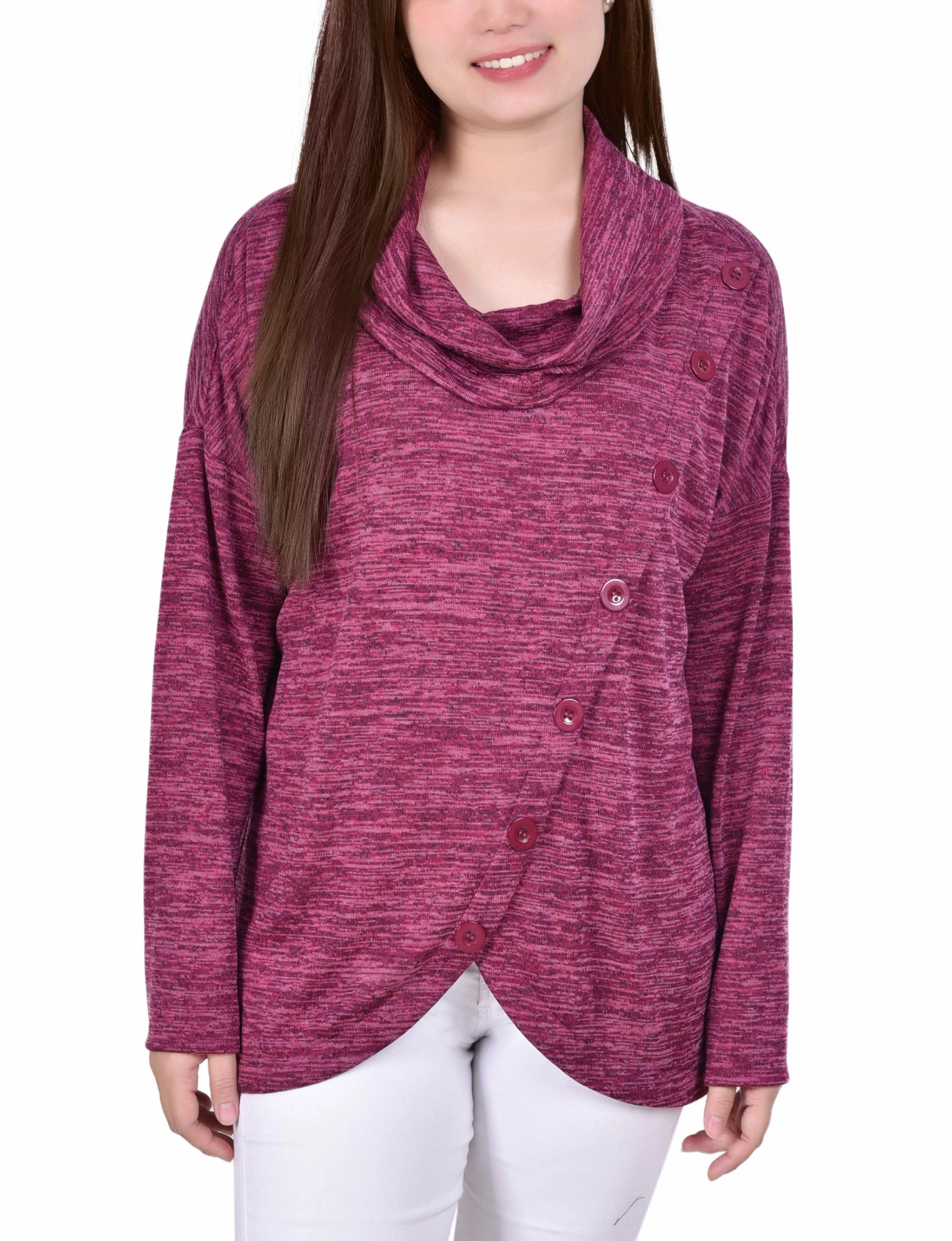 elegant design Distressed Texture Long Sleeve Cowl Neck Top With Button Detail