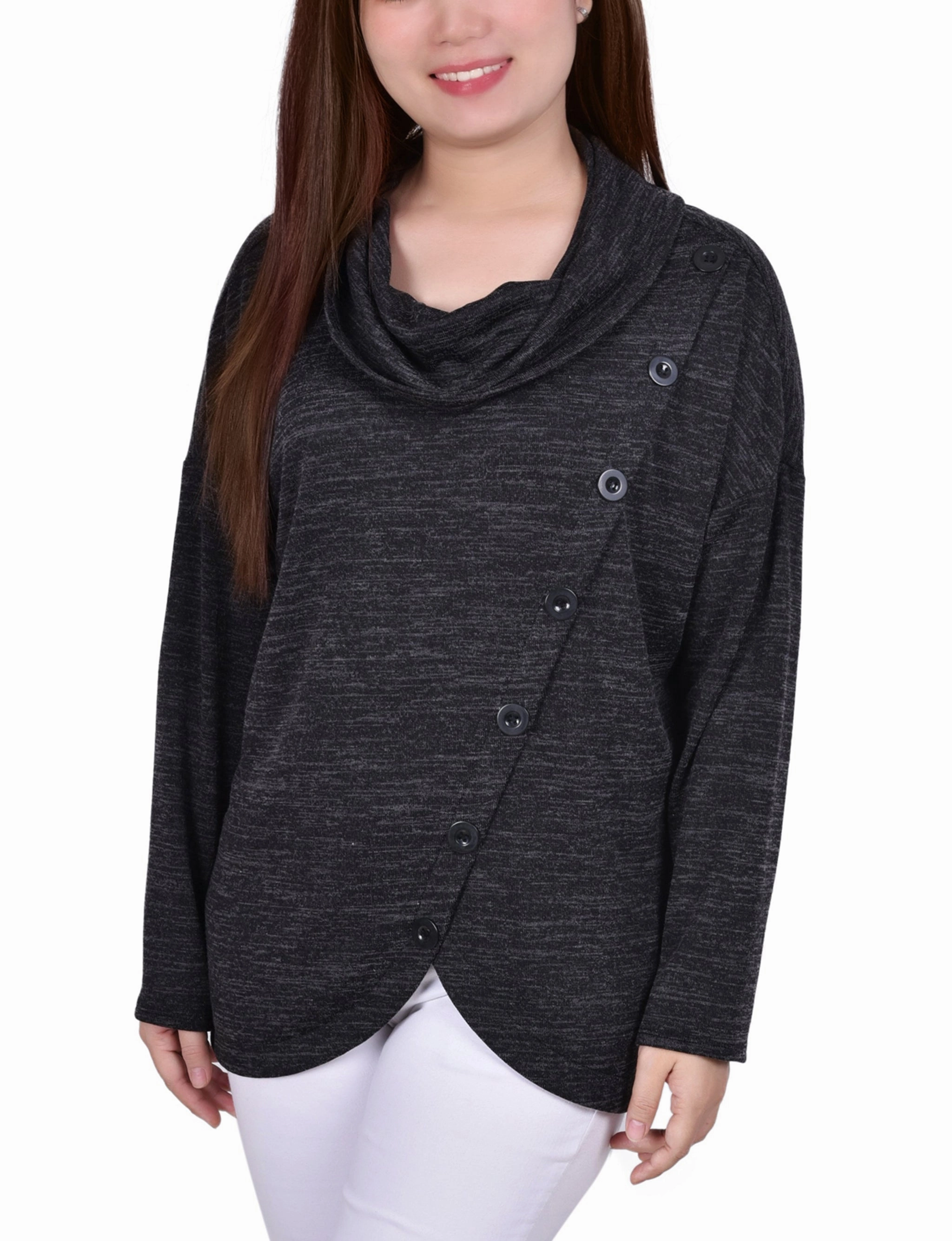 Long Sleeve Cowl Neck Top With Button Detail FourWay Stretch