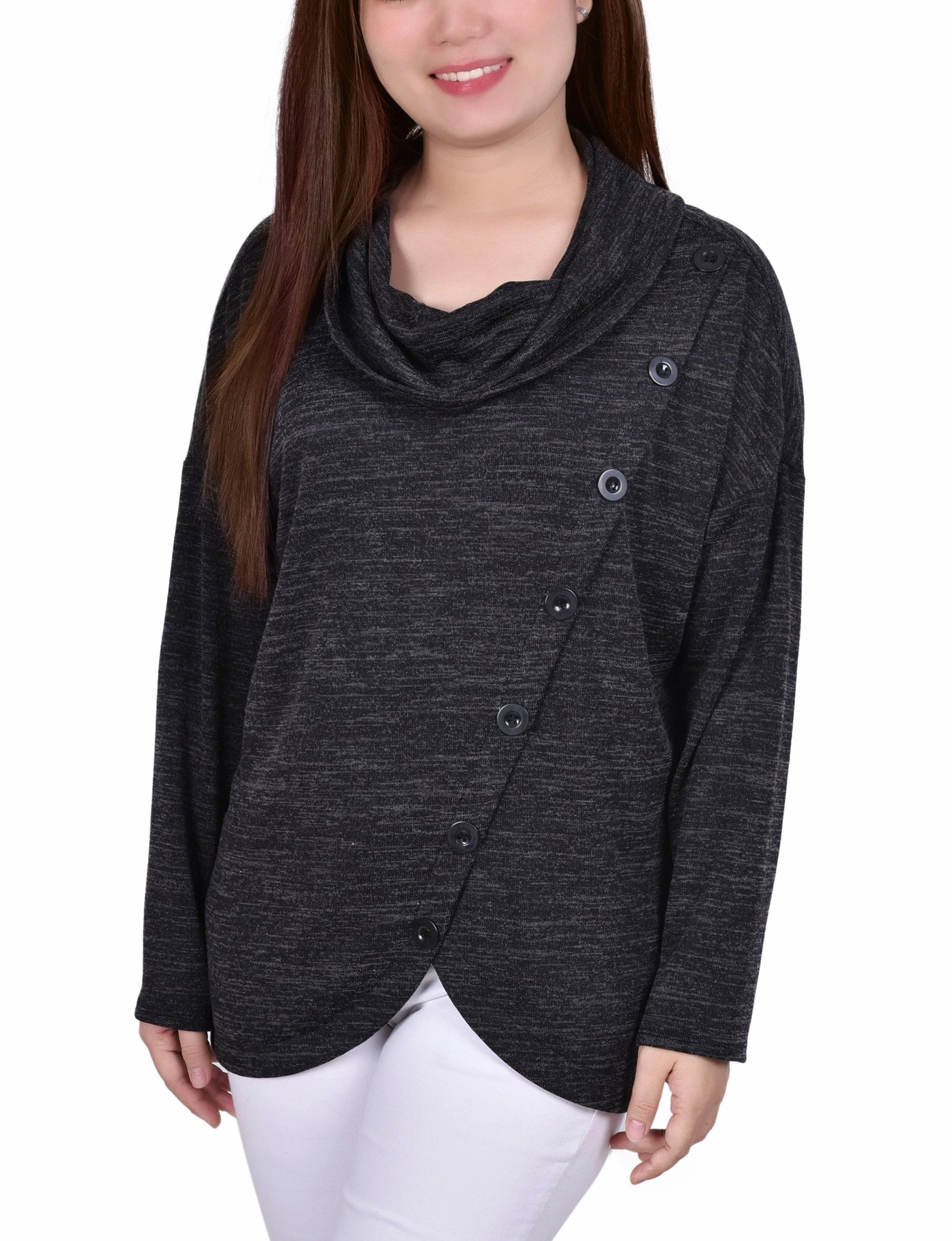 All-Purpose Wear Long Sleeve Cowl Neck Top With Button Detail