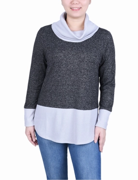 QuickReleaseFastenings UltraSoft Lining Petite Long Sleeve Cowl Neck Colorblocked Top