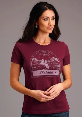 Stetson Womens Maroon 100% Cotton Cowboy Lasso S/S T-Shirt Ultra Soft Interior Trendy Fashion