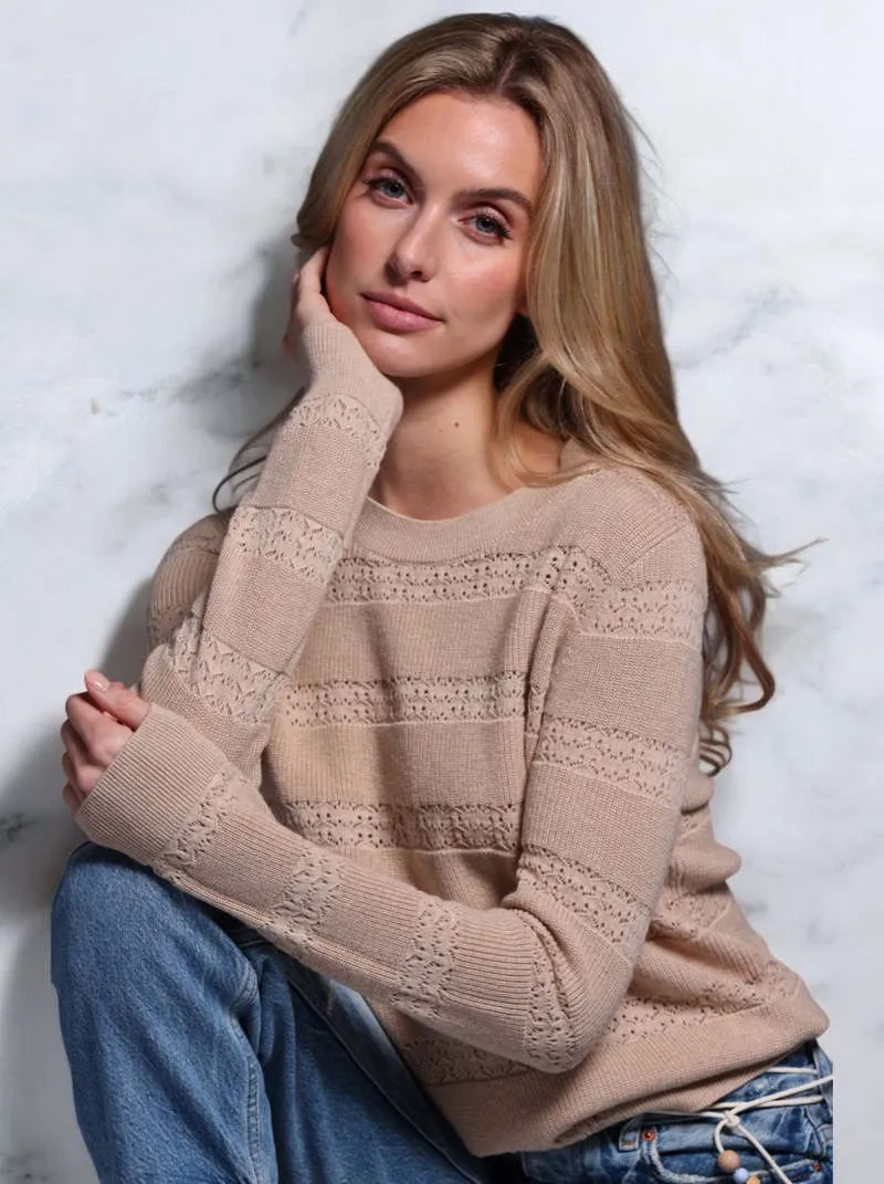 EcoConscious Production Timeless Pick Minnie Rose Cotton Cashmere Pointelle Stripe Crew