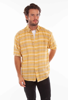 Scully Mens Worn Outs Plaid Yellow 100% Cotton S/S Shirt wrinkle free
