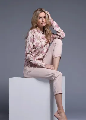 Contoured Side Panels Versatile Layering Piece Minnie Rose Cotton Cashmere Printed Crew with Jewels