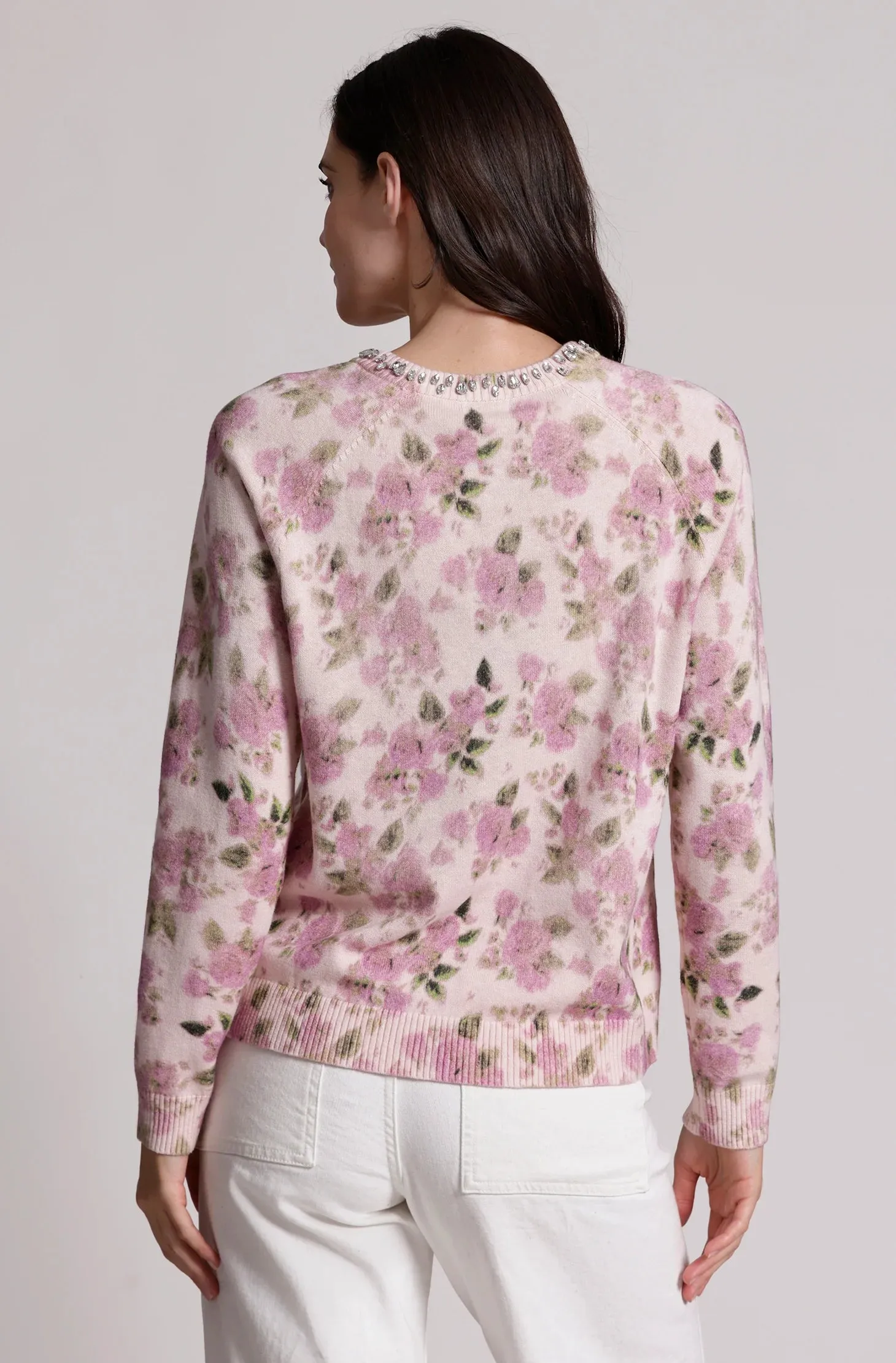Snag Free Fabric Minnie Rose Cotton Cashmere Printed Crew with Jewels