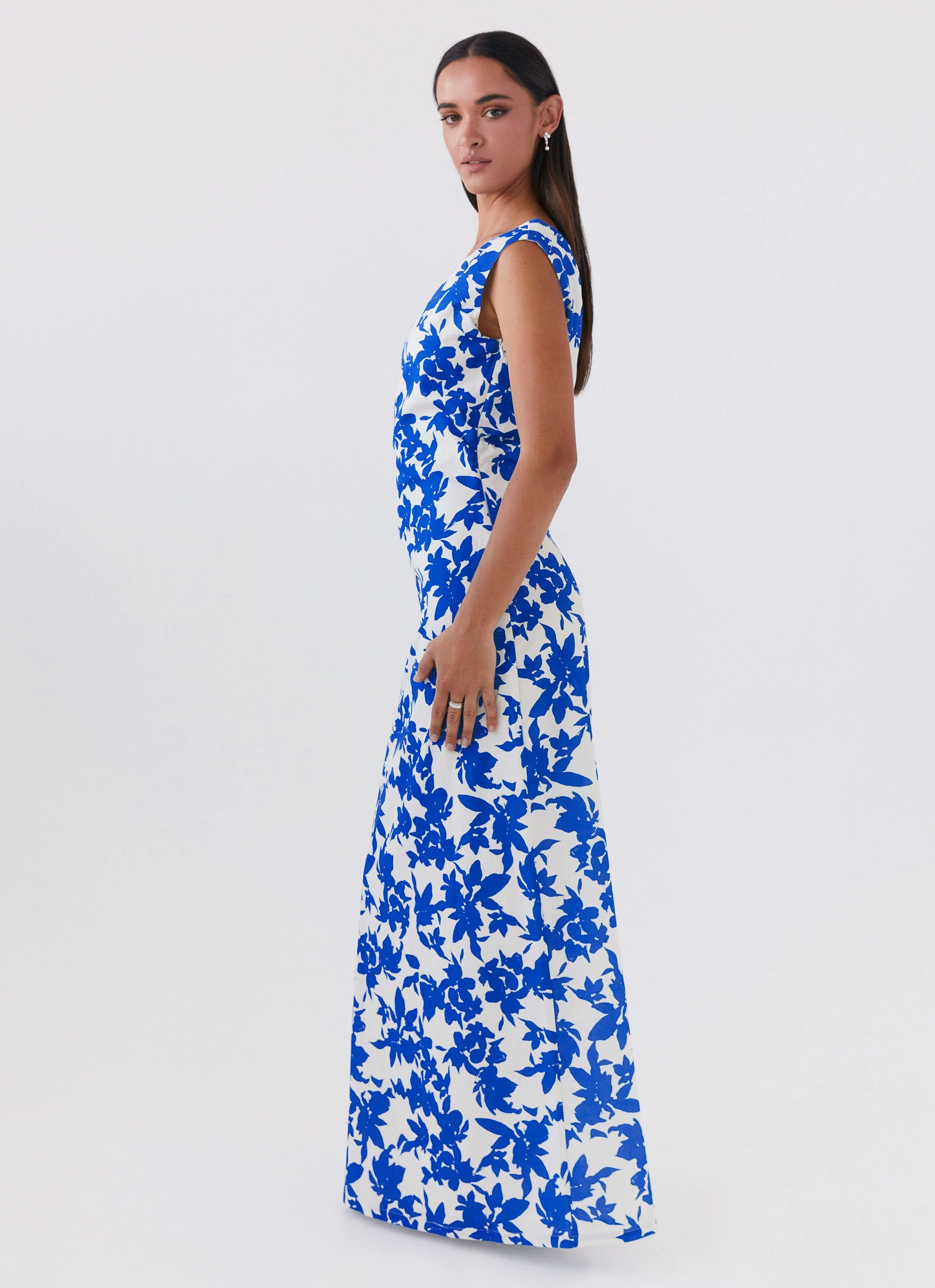 Pyper Off Shoulder Maxi Dress - Blue Floral Calm Silhouette