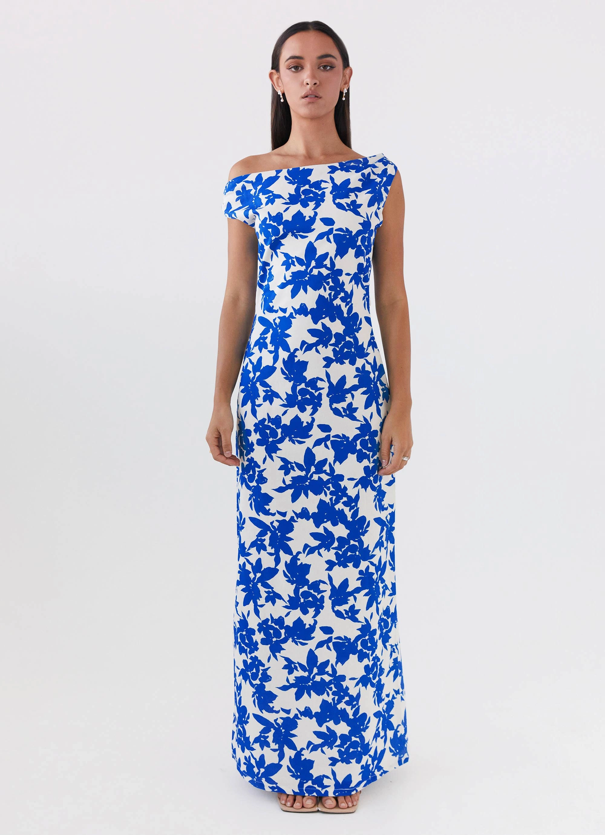 Pyper Off Shoulder Maxi Dress - Blue Floral Smart Texture Subtle Elegance
