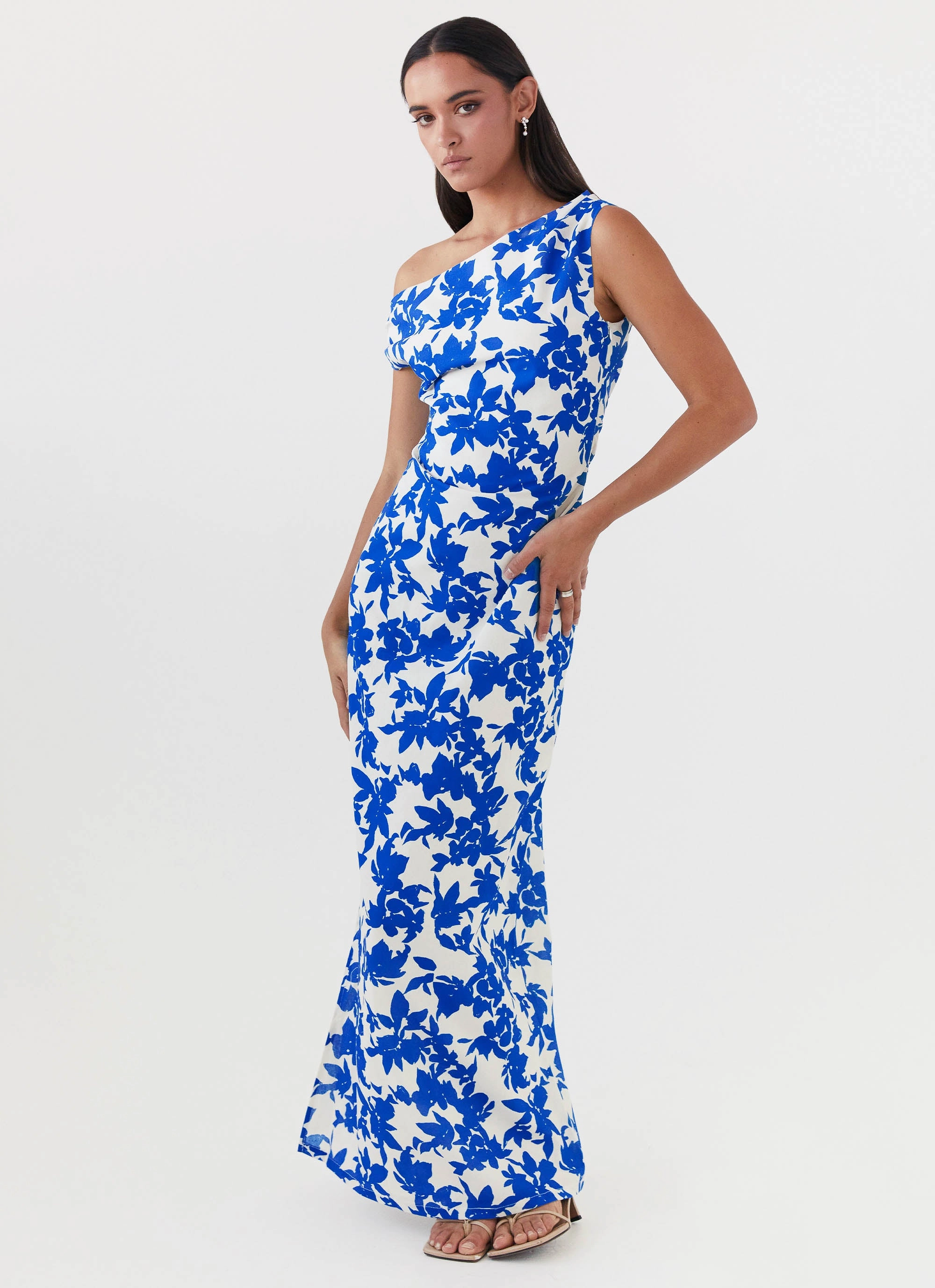 Pyper Off Shoulder Maxi Dress - Blue Floral Smart and Elegant Relaxed Layers