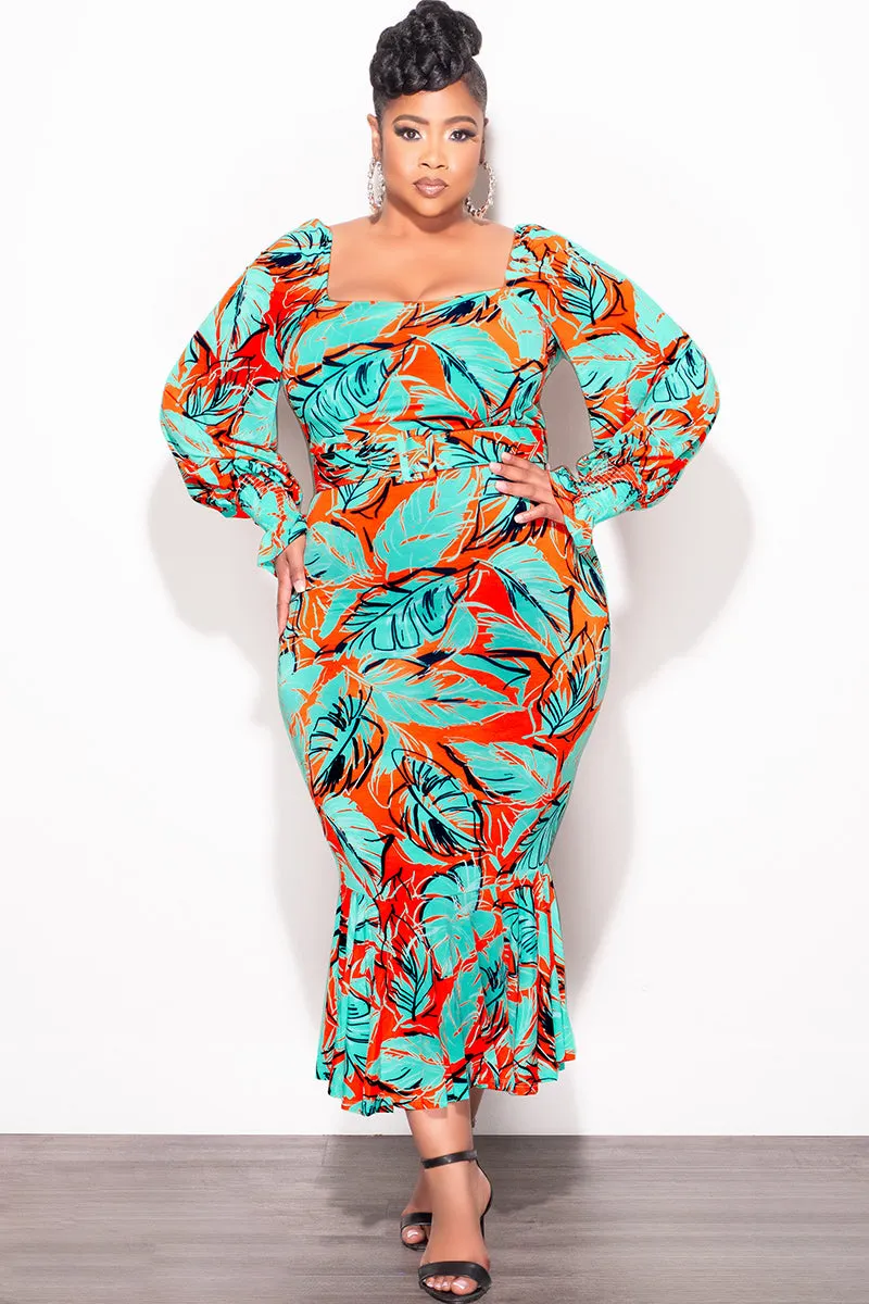 Final Sale Plus Size Midi BodyCon Dress with Ruffle Bottom in Mint & Orange Floral Print Casual Active Wear