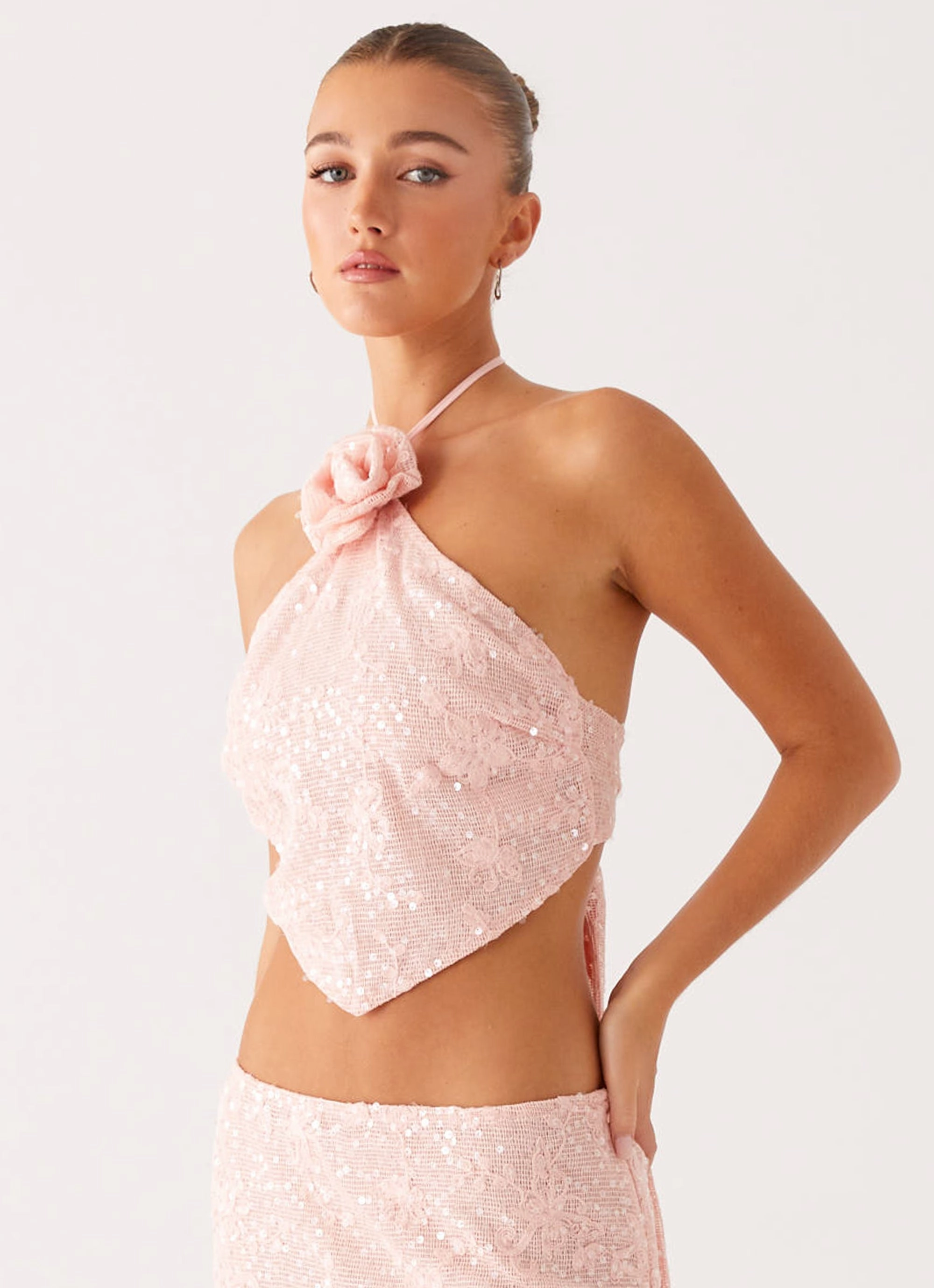 Stretch Knit Fabric FlexibleElasticatedEdging Queenie Sequin Halter Top - Pink