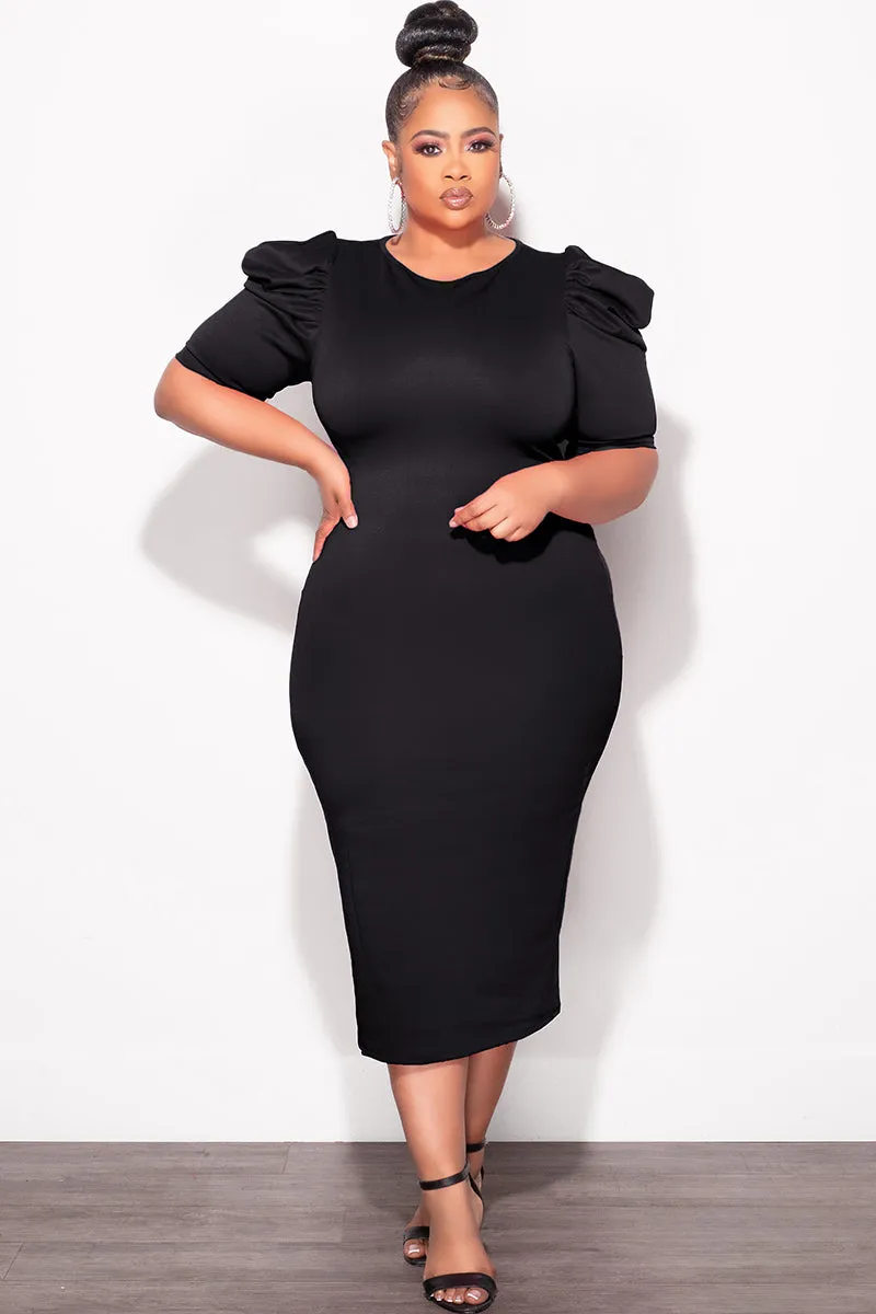 Sleek Appearance Final Sale Plus Size Bodycon Dress with Puffy Sleeves Black