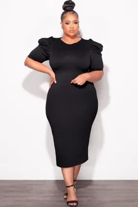 Final Sale Plus Size Bodycon Dress with Puffy Sleeves Black Outdoor Activity