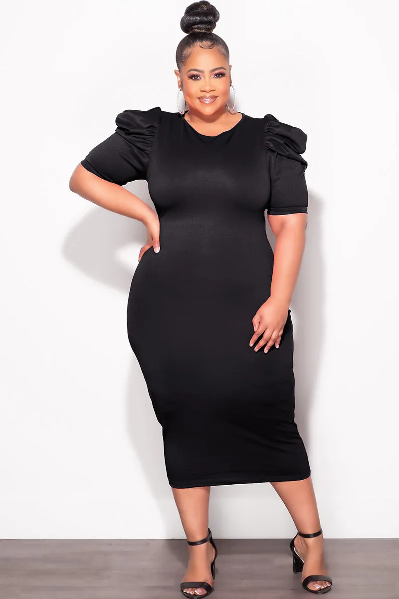 Final Sale Plus Size Bodycon Dress with Puffy Sleeves Black Effortless Design Neutral Fit