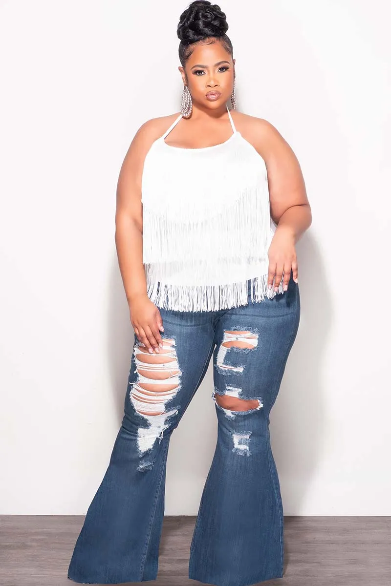 Breathable Weave Fabric Final Sale Plus Size Halter Fringe Top in White