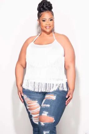 FunctionalZipper Final Sale Plus Size Halter Fringe Top in White