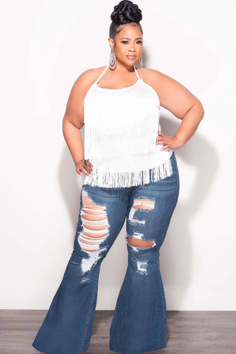 Final Sale Plus Size Halter Fringe Top in White Chill Comfort Perfect Comfort