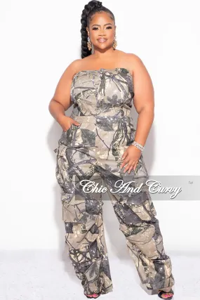 Final Sale Plus Size Cargo Jumpsuit in Brown and Grey Blackout fabric Double Layered Hem