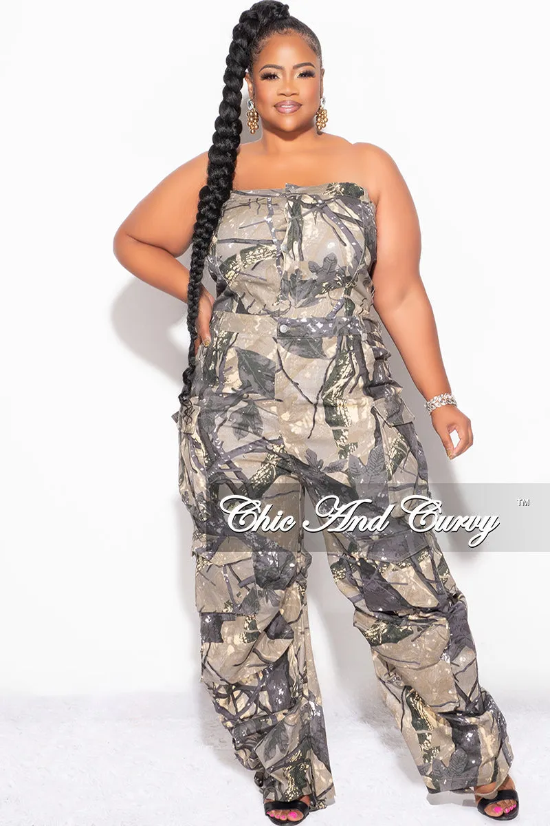Final Sale Plus Size Cargo Jumpsuit in Brown and Grey SoftTouchFinish