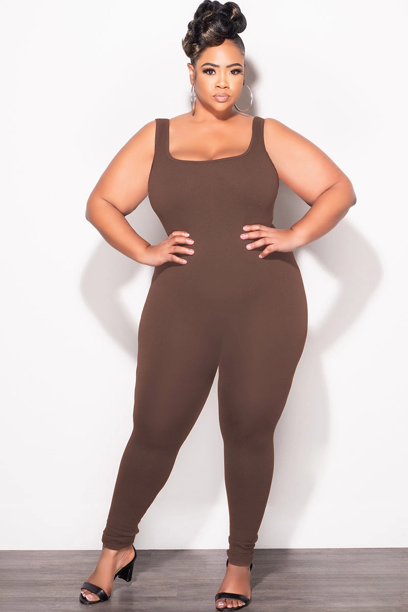 Casual Performance Final Sale Plus Size Thick Ribbed Catsuit Unitard in Brown