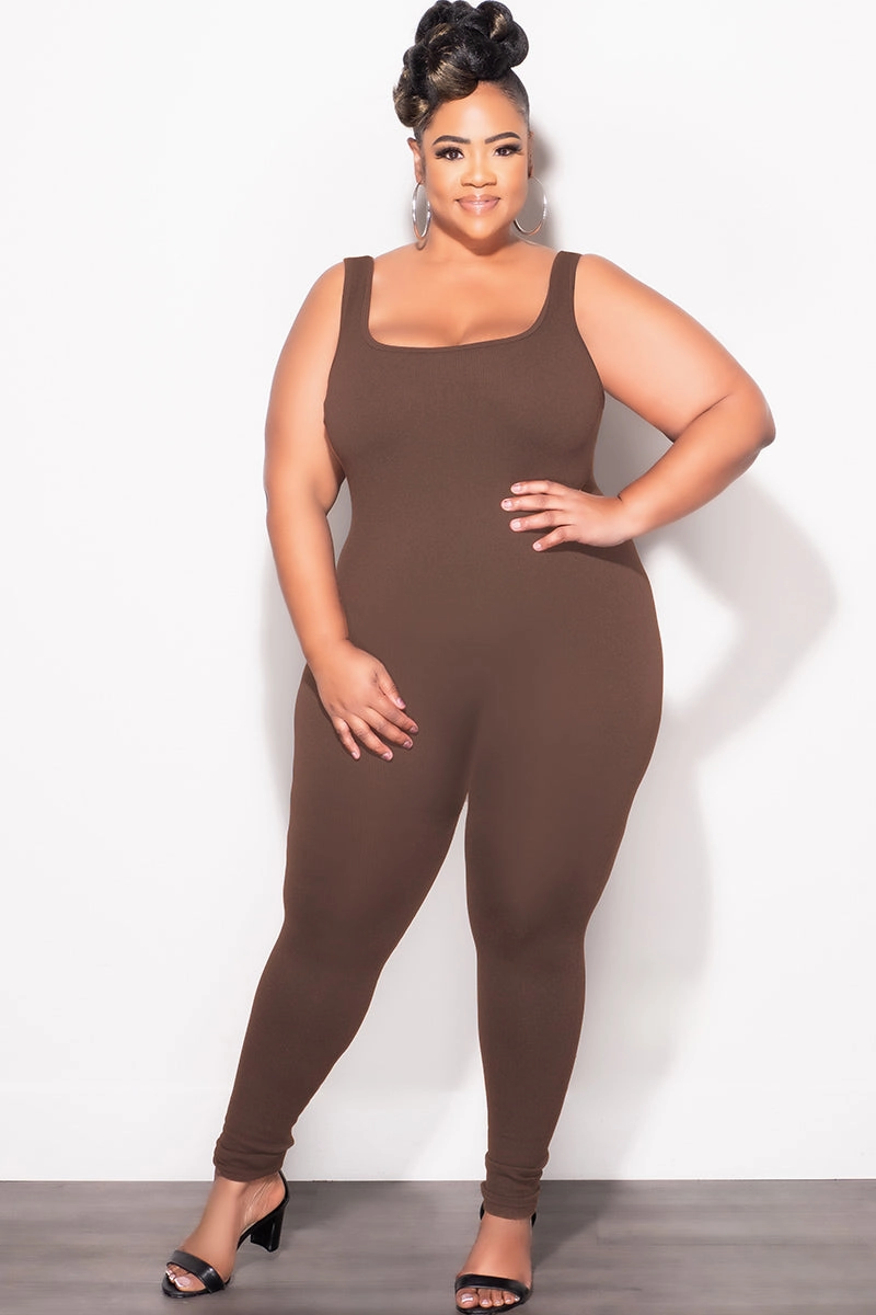 Urban Style ComfortFit Final Sale Plus Size Thick Ribbed Catsuit Unitard in Brown