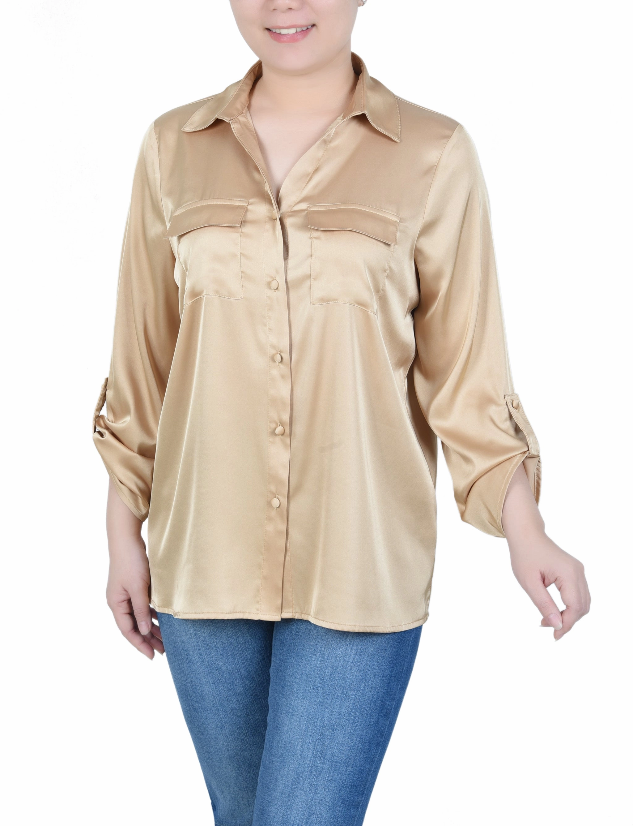 Anti Microbial Lining Stylish Look Petite 3/4 Sleeve Roll Tab Satin Blouse