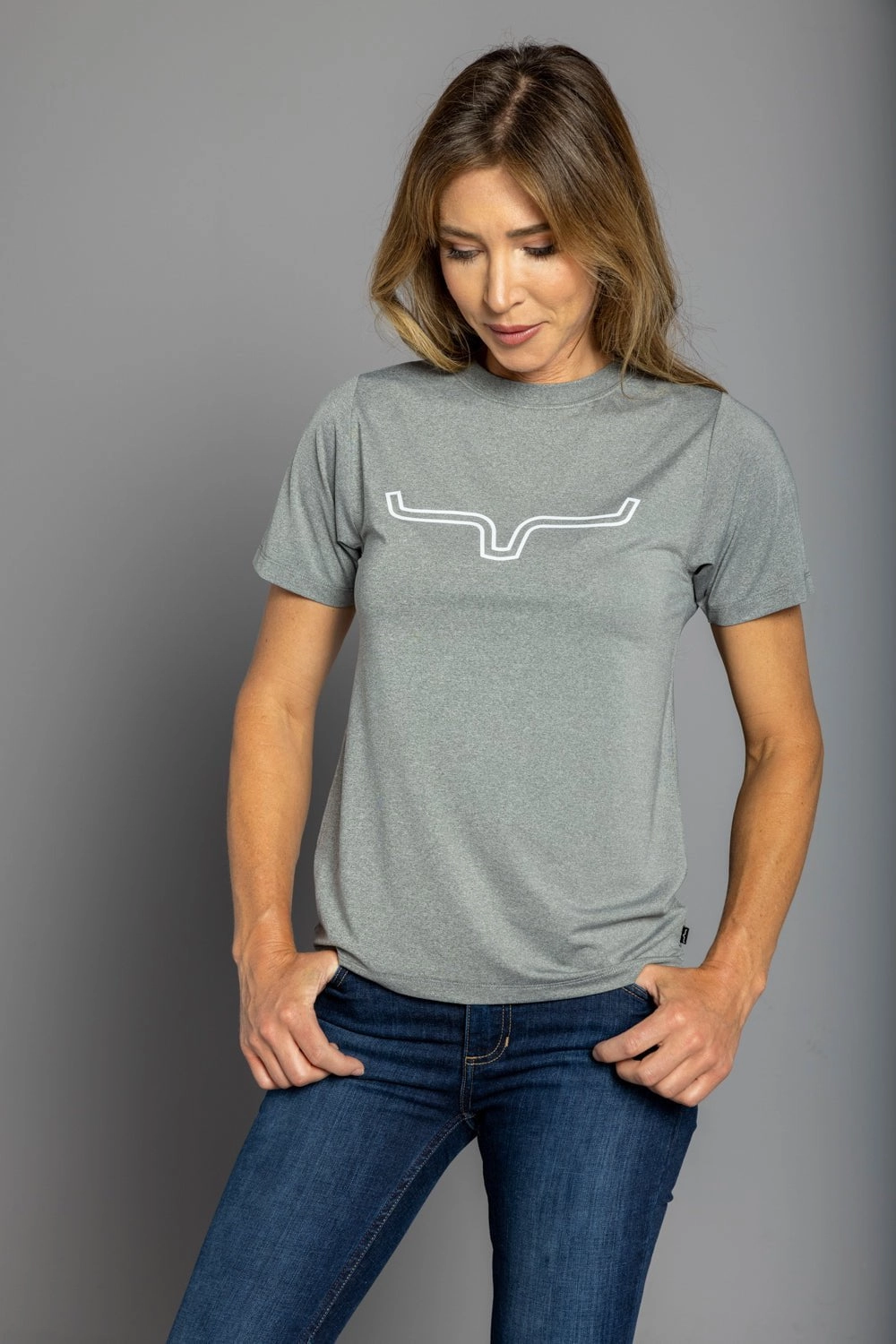 Kimes Ranch Womens Outlier Tech Tee Grey Heather Cotton Blend S/S T-Shirt Flexible Knit Breathable Layer
