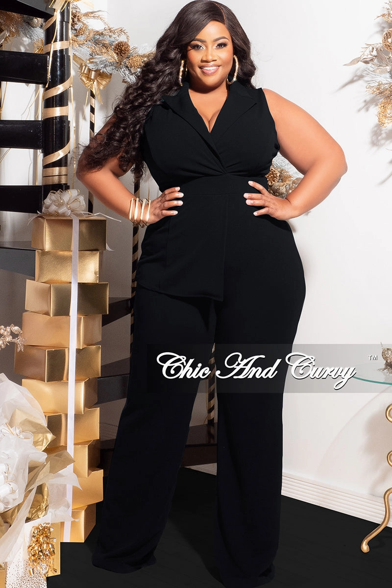 FoamReinforcedCollar MultiFunctionalDesign Final Sale Plus Size Collar Sleeveless Jumpsuit in Black