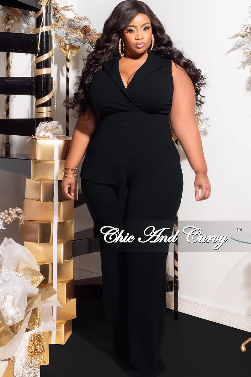 LightweightWeave Final Sale Plus Size Collar Sleeveless Jumpsuit in Black
