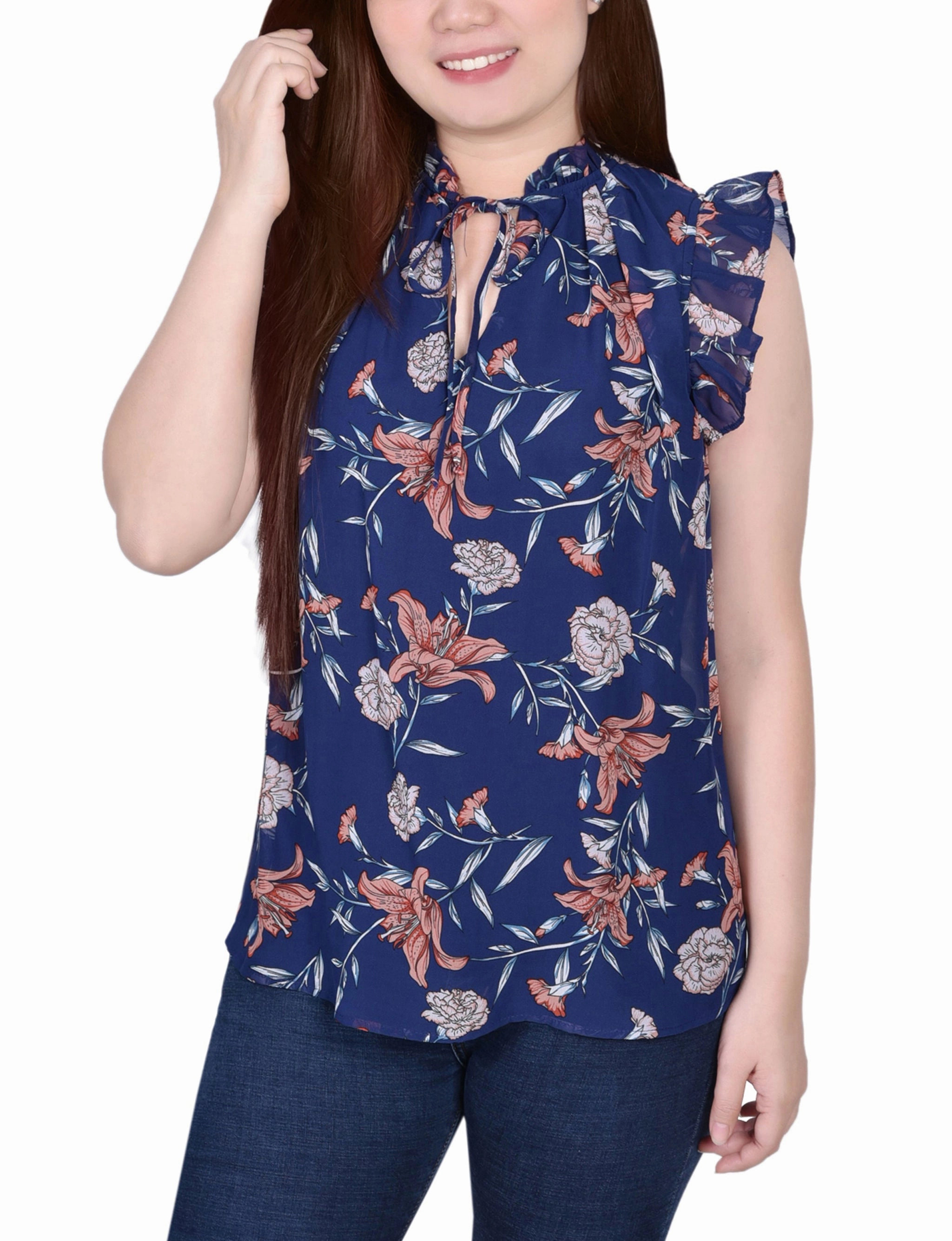 MeshVentilation Raw Edge Detail Petite Ruffled Sleeve Blouse With Tie Closure