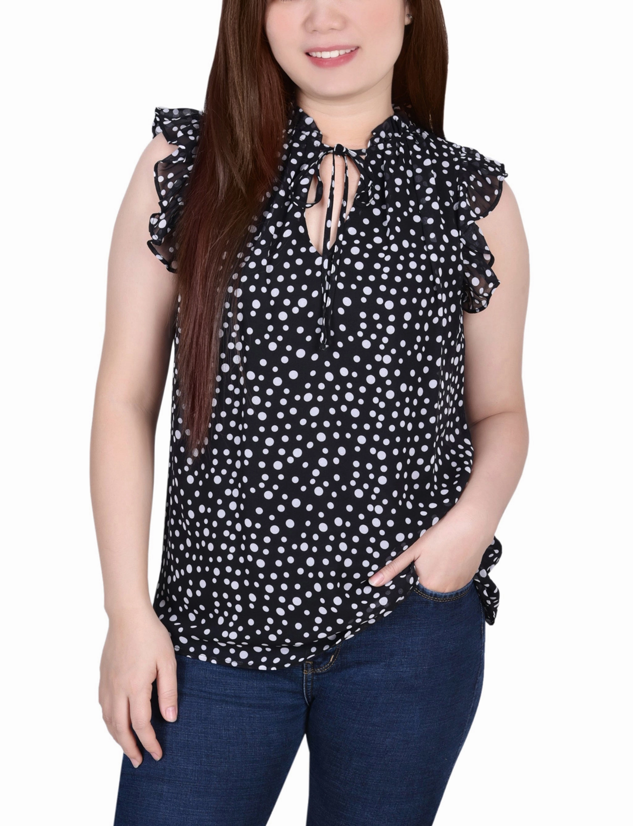 Petite Ruffled Sleeve Blouse With Tie Closure AllDay Comfort Compression Fit Engineering