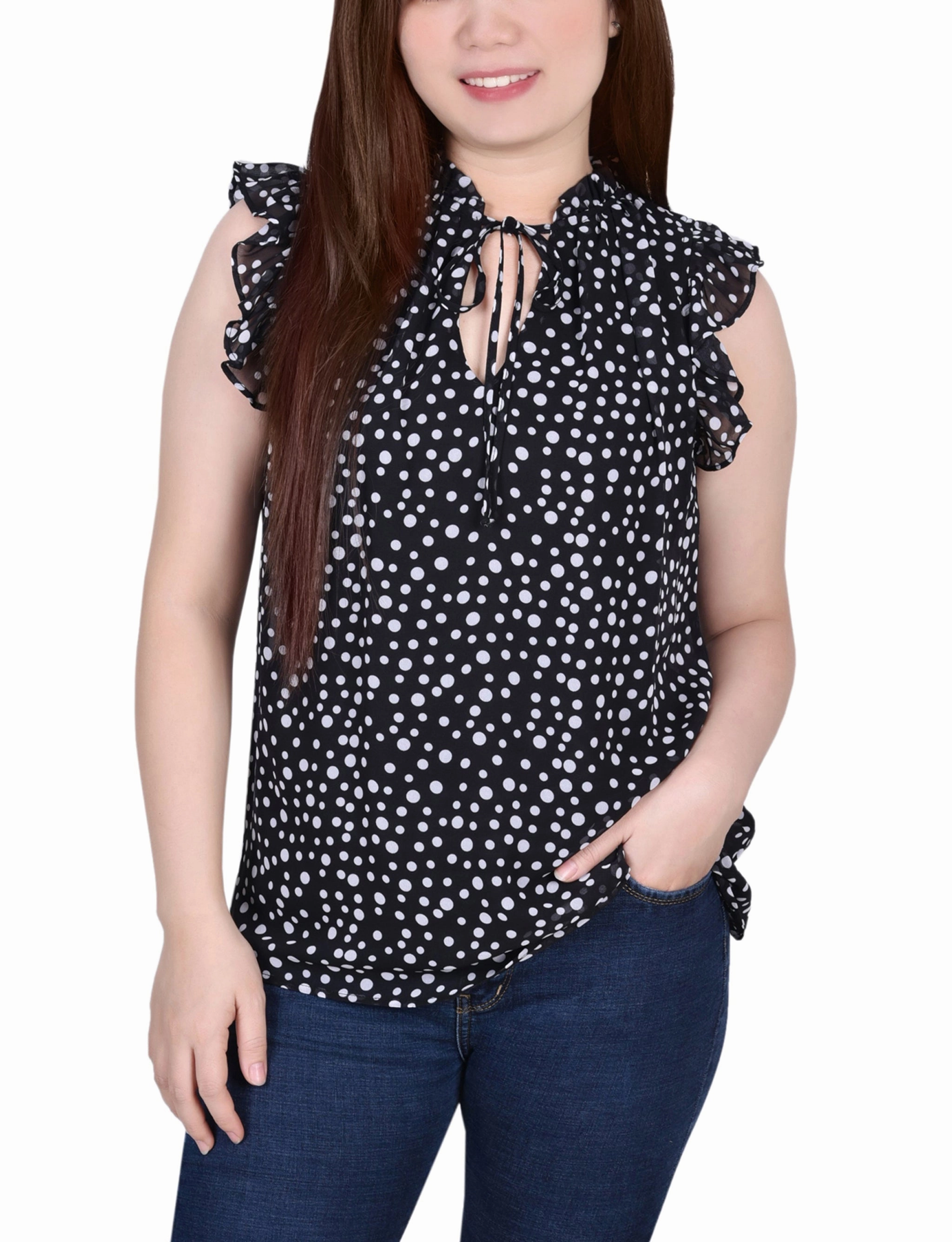 CroppedLength DoubleStitched Petite Ruffled Sleeve Blouse With Tie Closure