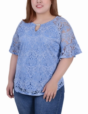 Noise Reduced Zipper Plus Size Short Bell Sleeve Lace Blouse