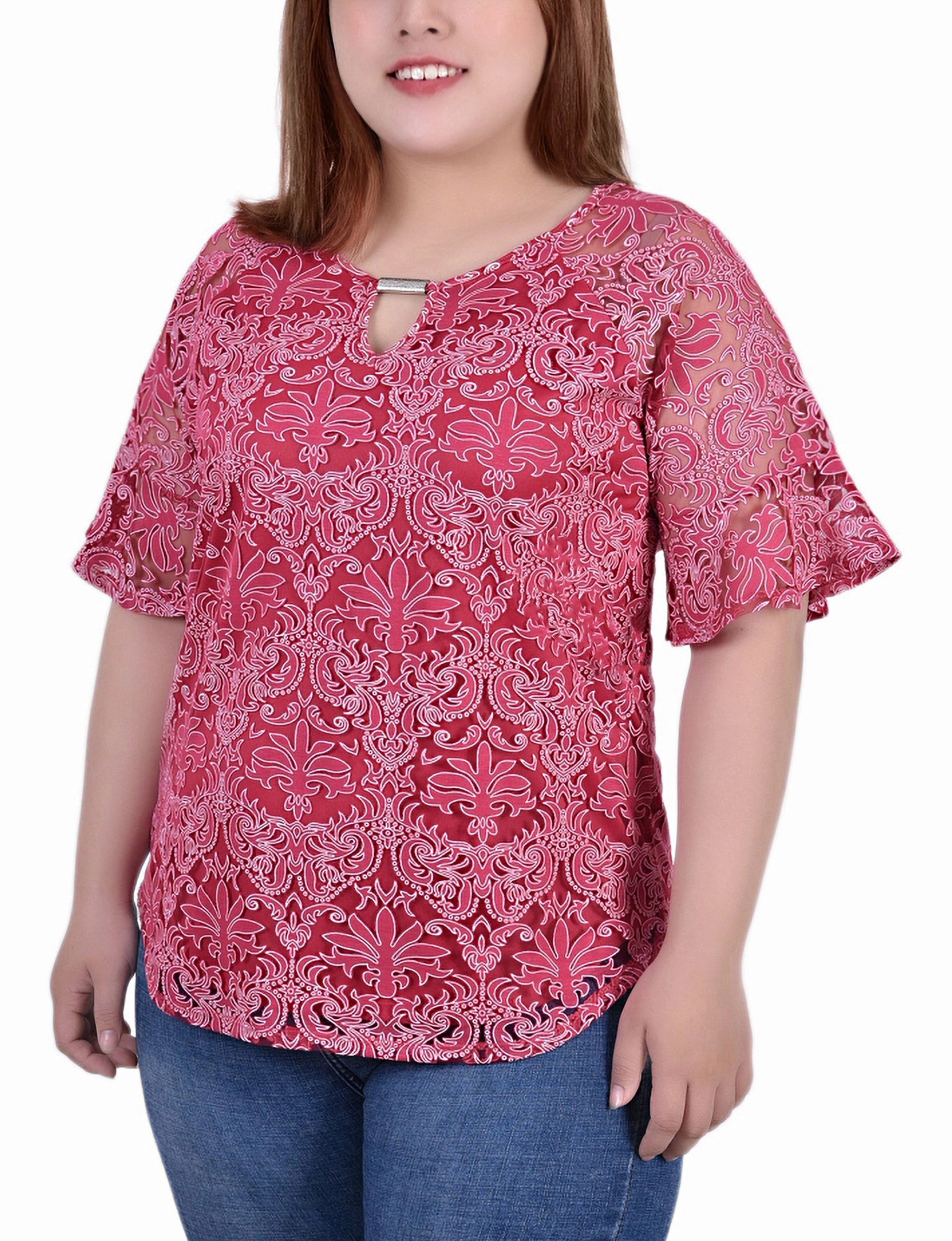 Layered Placket Design Plus Size Short Bell Sleeve Lace Blouse