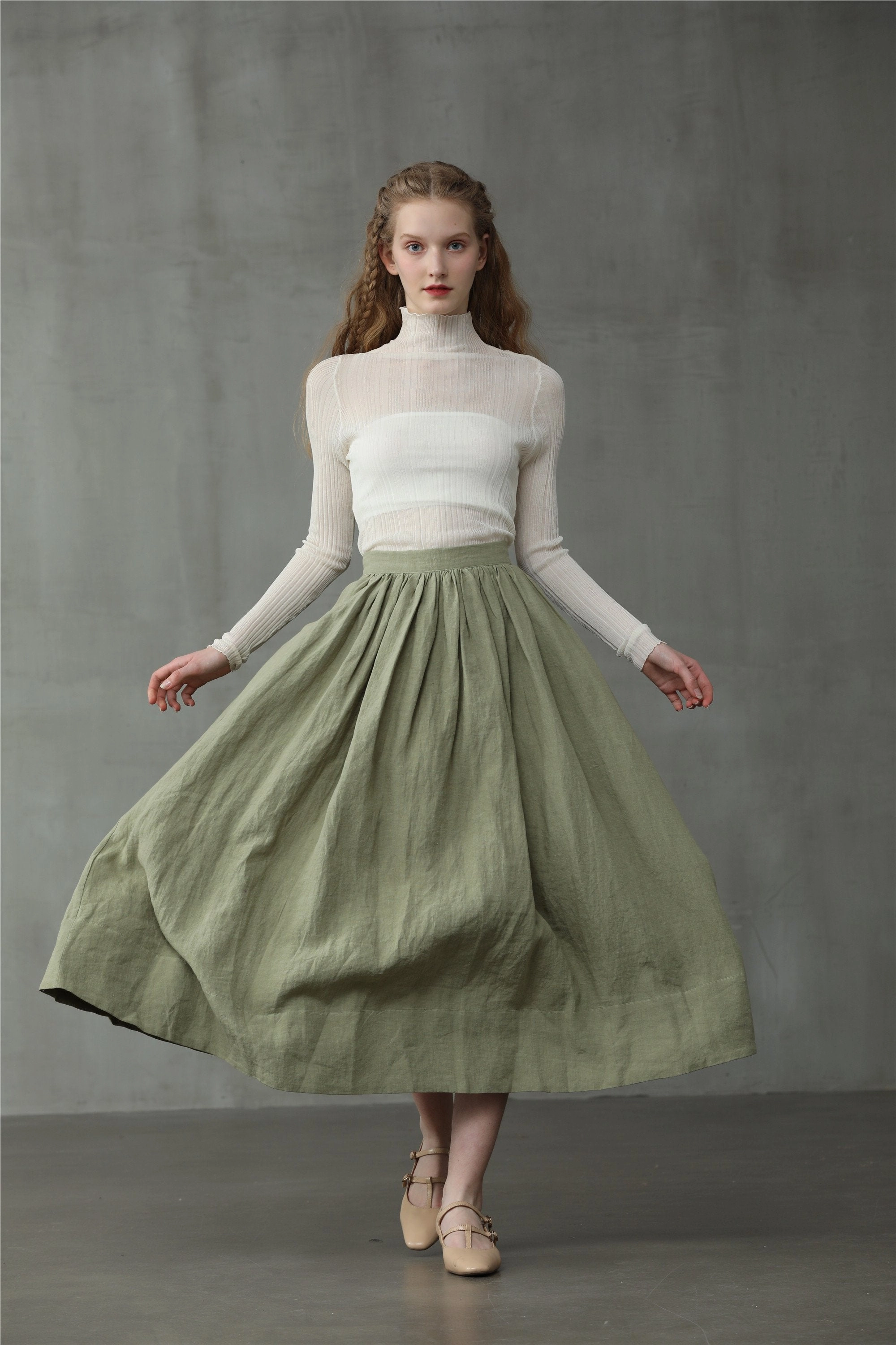 Monochrome Look Formal Use Daisy 03 | Pastel Green Linen Skirt