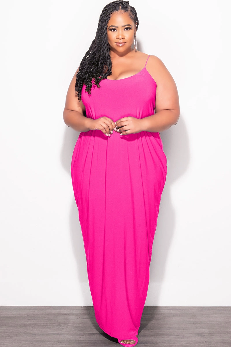 Final Sale Plus Size Tank Spaghetti Strap Maxi Dress in Fuchsia Minimalist Waist Easy Stretch