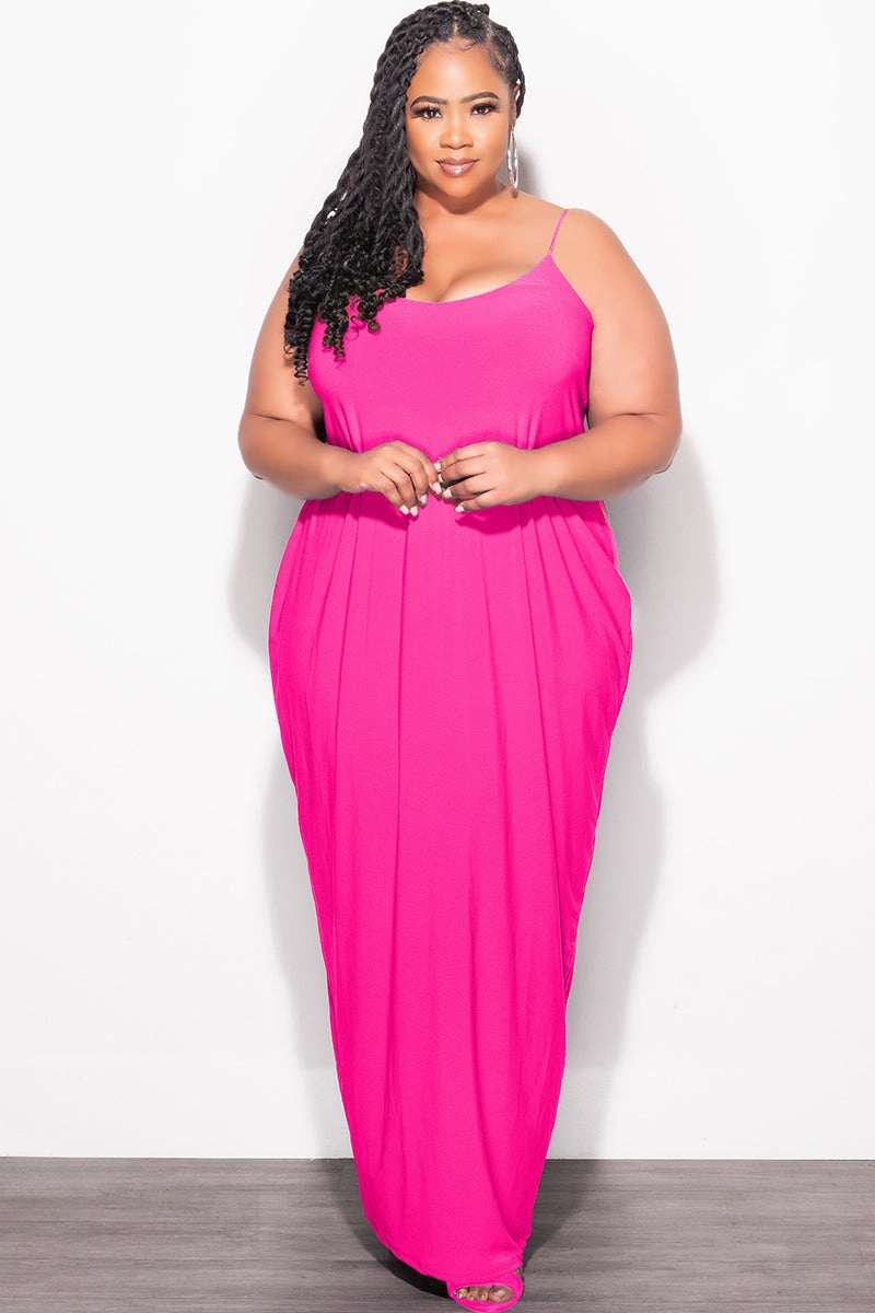 Final Sale Plus Size Tank Spaghetti Strap Maxi Dress in Fuchsia Contrast Trim