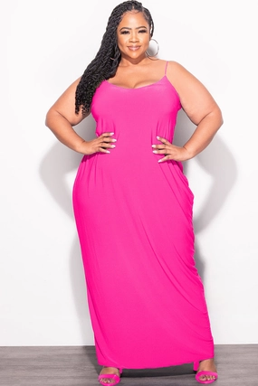 Flattering Fit Full Motion Final Sale Plus Size Tank Spaghetti Strap Maxi Dress in Fuchsia